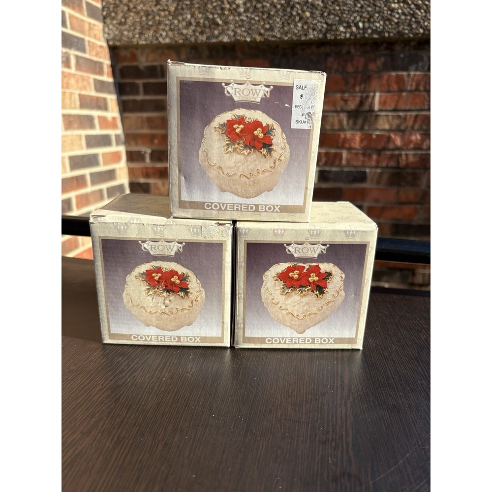 Set Of 3 World Bazaar Poinsettia Round Heart Trinket Gift Box Ceramic Christmas
